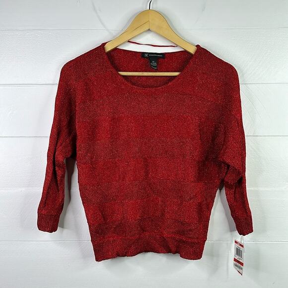 INC Red Metallic Sparkle Knit 3/4 Sleeve Sweater Pullover Sweatshirt Top Size XS - Picture 1 of 13